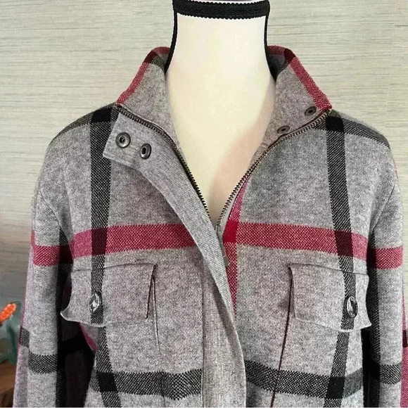 ANNE KLEIN Sweater Jacket Coat Plaid Woman’s Size Large Zip Pockets Long Shacket - Picture 3 of 11